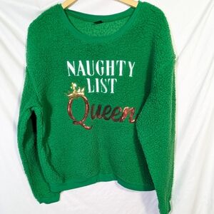 Women's "Naughty List Queen" Fleece Crewneck Sweatshirt Green Christmas Warm XXL
